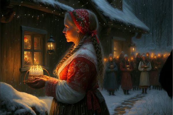 Artificial Christmas card motive, people bearing lights