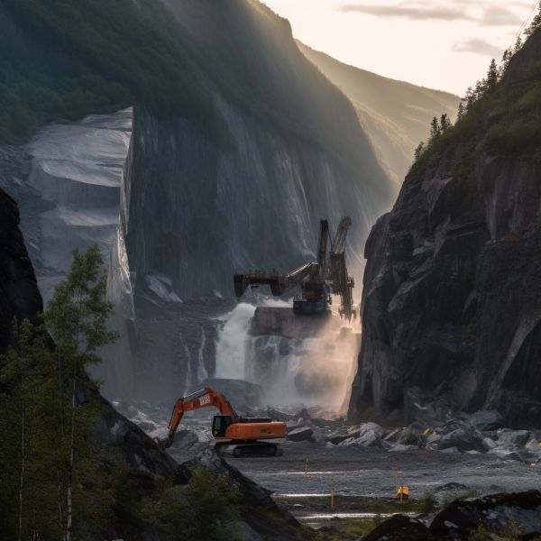 Heavy construction machinery seen from a distance in front of a Norwegian waterfall.