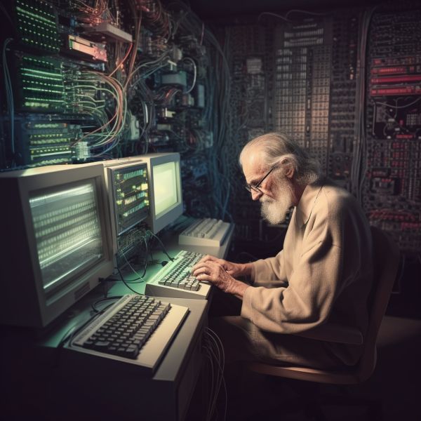 Elderly man in front of old-fashioned computer