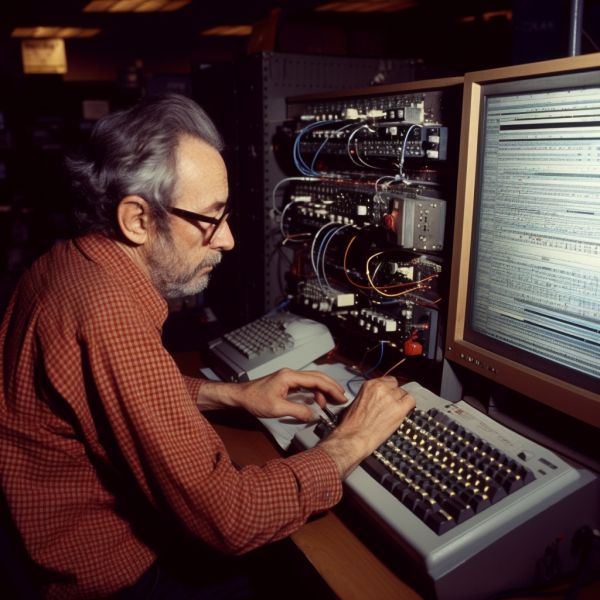 Senior developer at work in the computer room