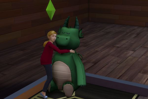 Screenshot Sims 3, child hugging plush toy
