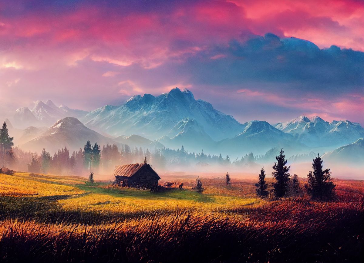 Serene rural landscape, colorful, vivid, Skyrim-like mountains in backround