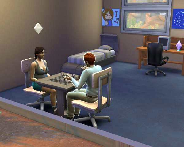 Screenshot sims 4, two sims playing chess and talking